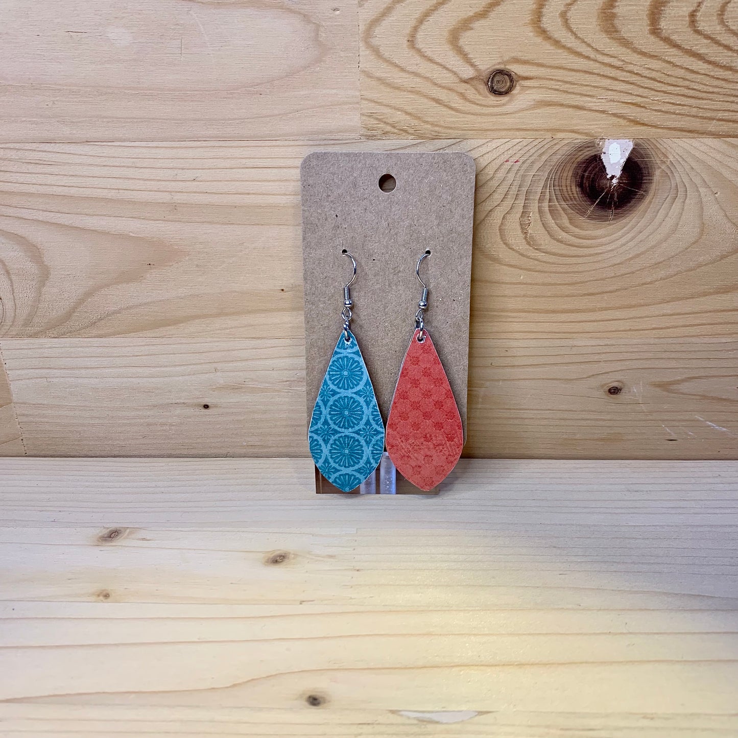 Wood Based Earrings - Blue & Coral