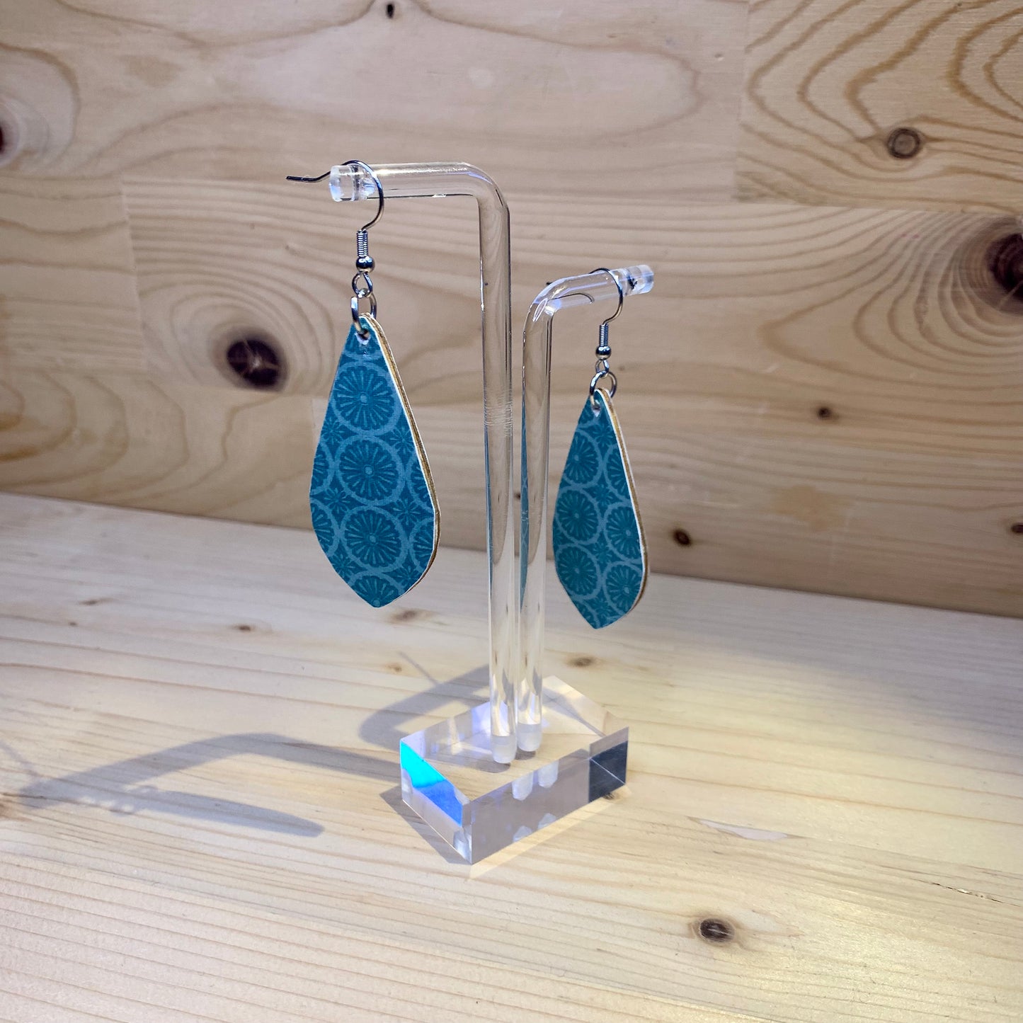 Wood Based Earrings - Blue & Coral