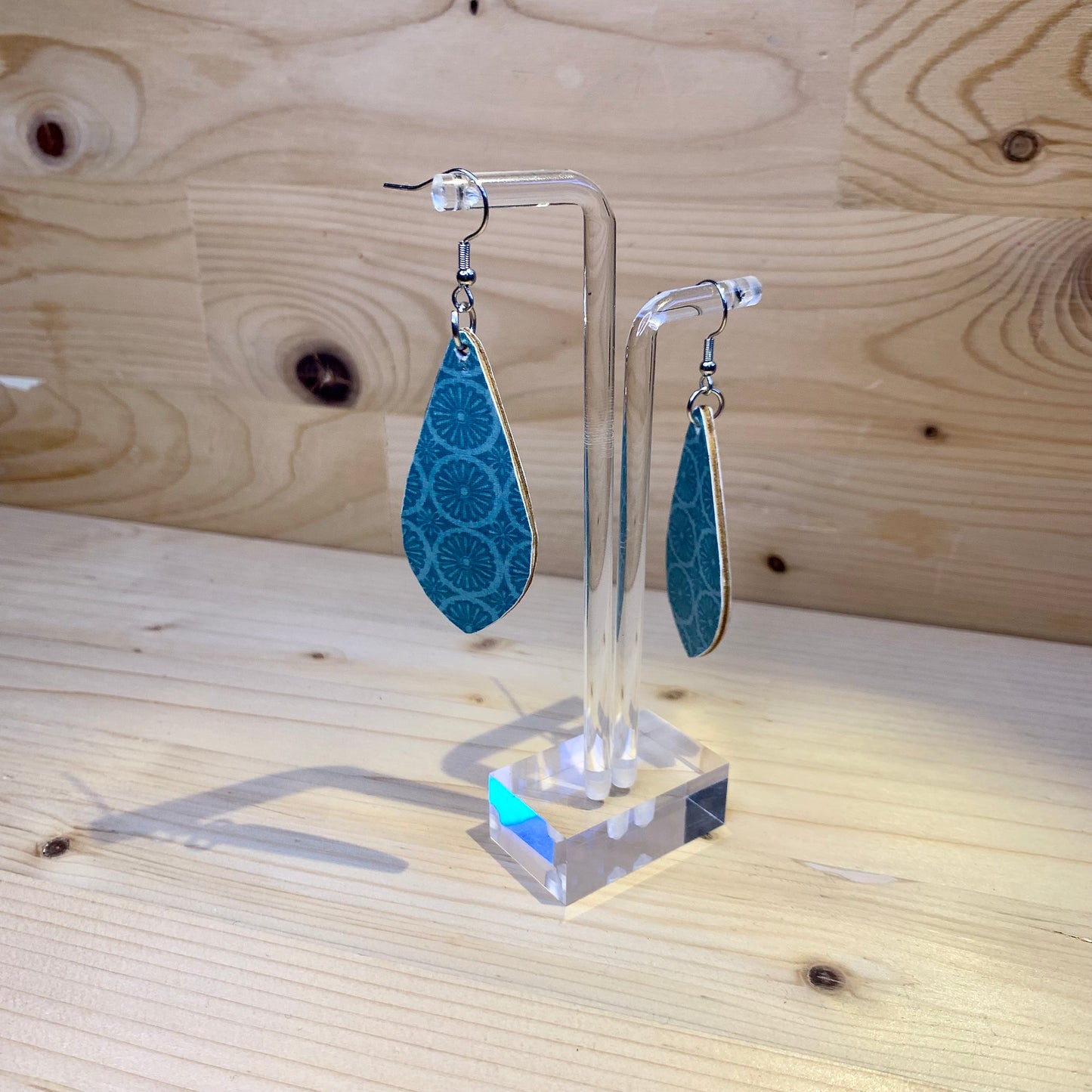 Wood Based Earrings - Blue & Coral