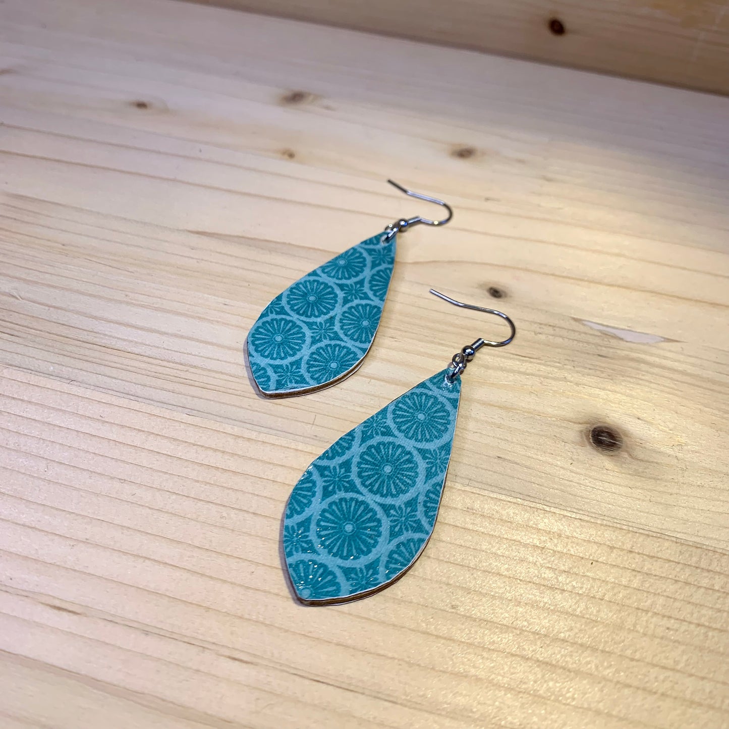 Wood Based Earrings - Blue & Coral