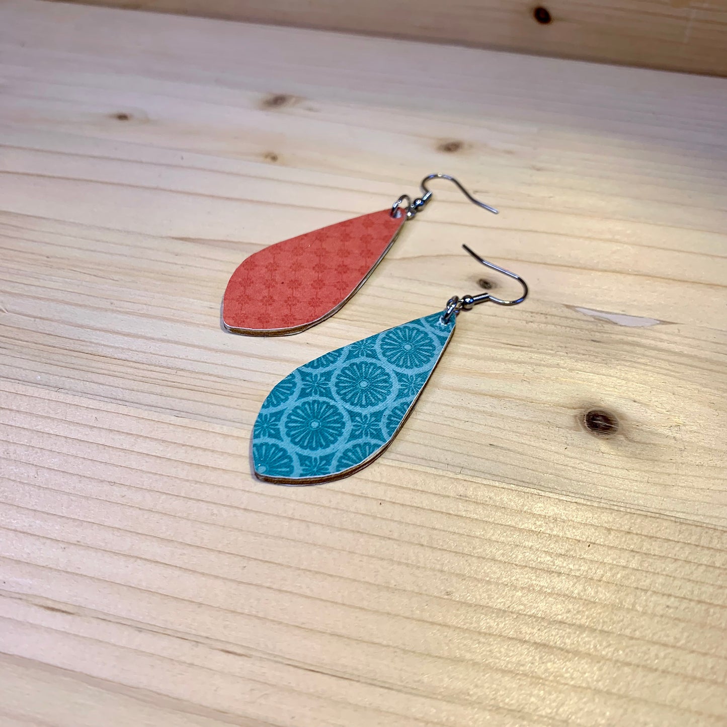 Wood Based Earrings - Blue & Coral