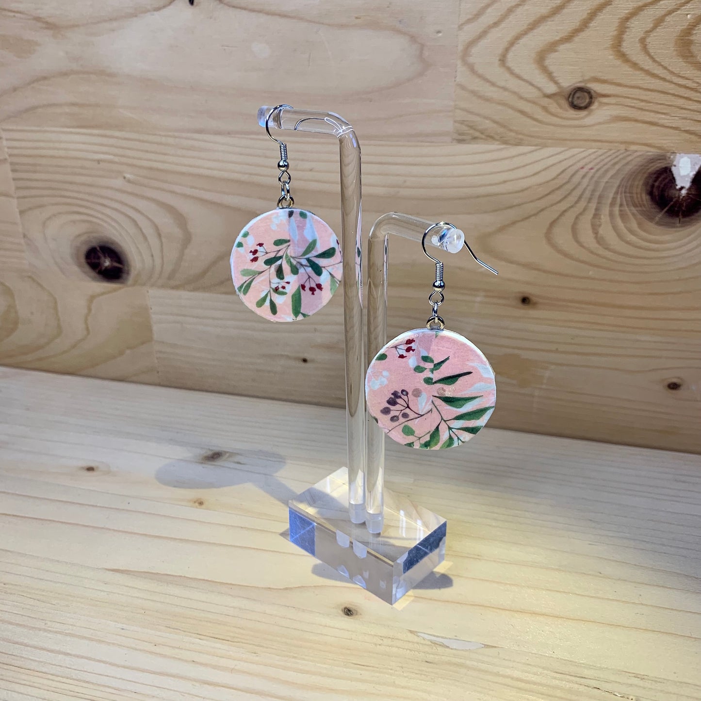 Wood Based Earrings - Flower Washi Tape on Button