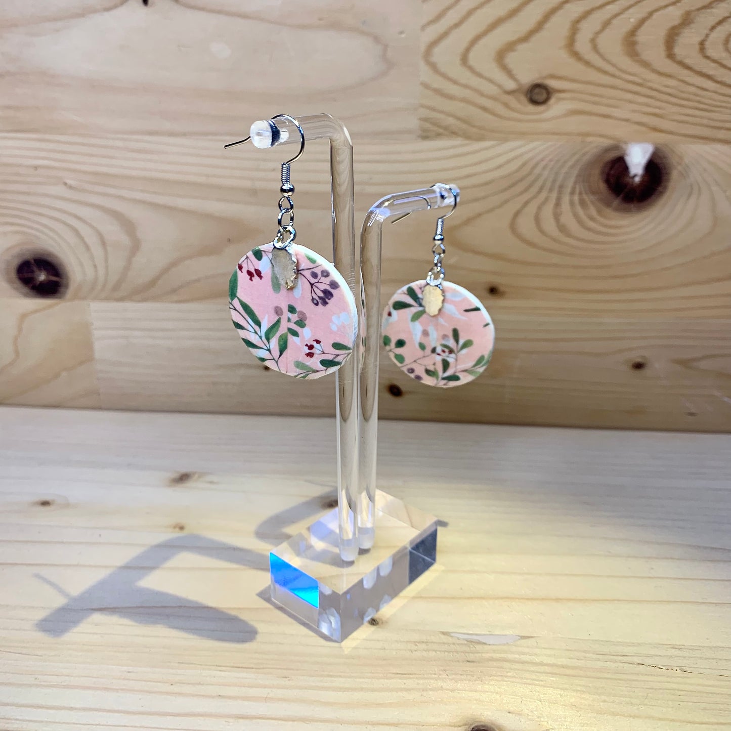 Wood Based Earrings - Flower Washi Tape on Button