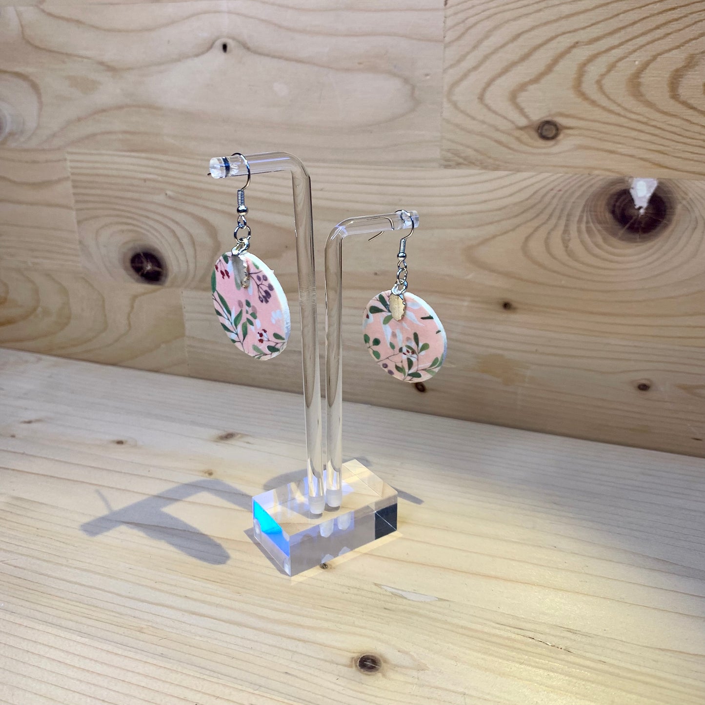 Wood Based Earrings - Flower Washi Tape on Button