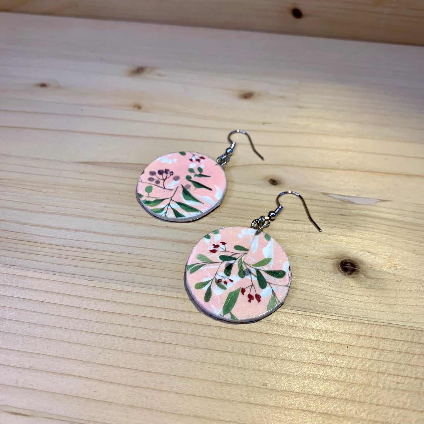 Wood Based Earrings - Flower Washi Tape on Button