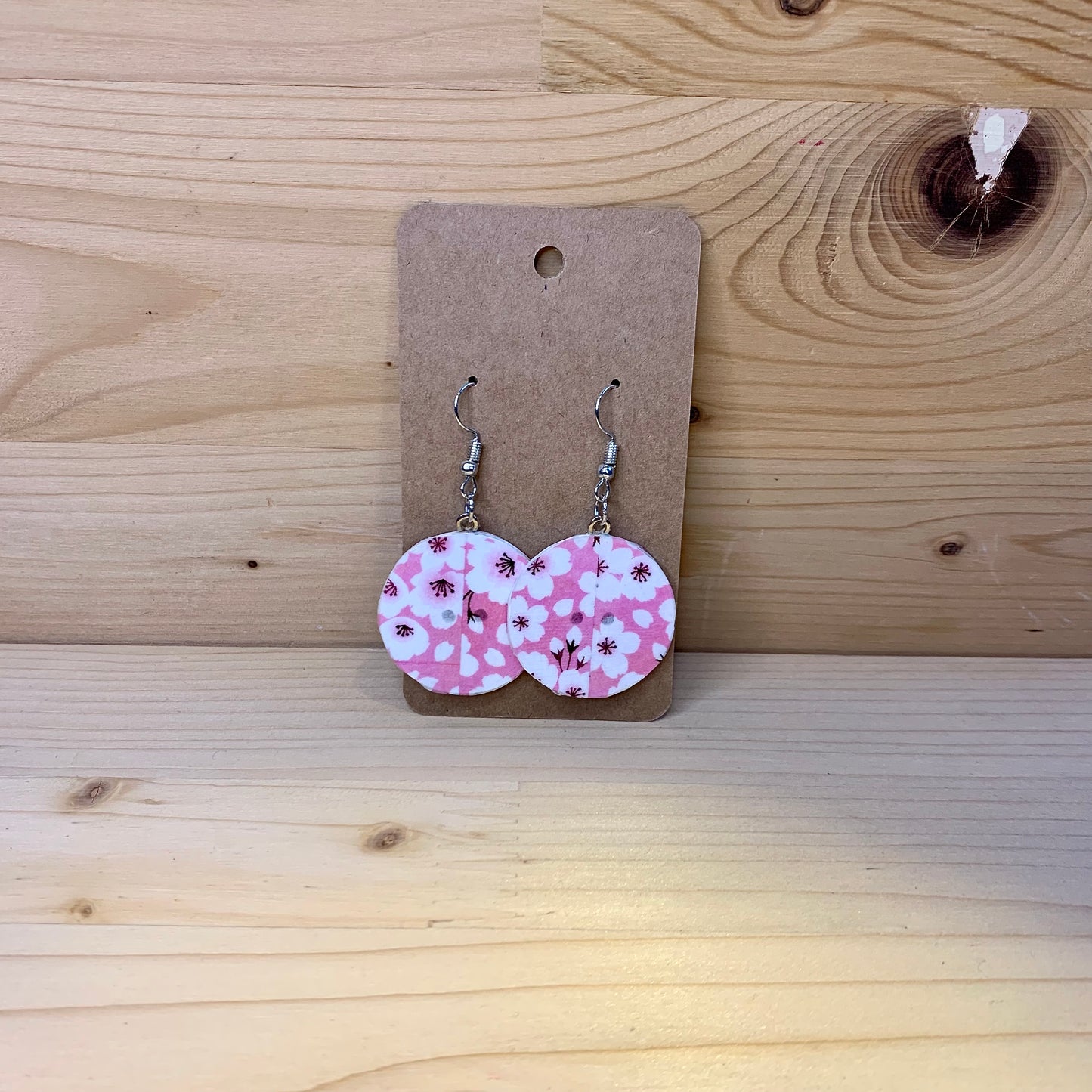 Wood Based Earrings - Pink Cherry Blossom Washi Tape on Button