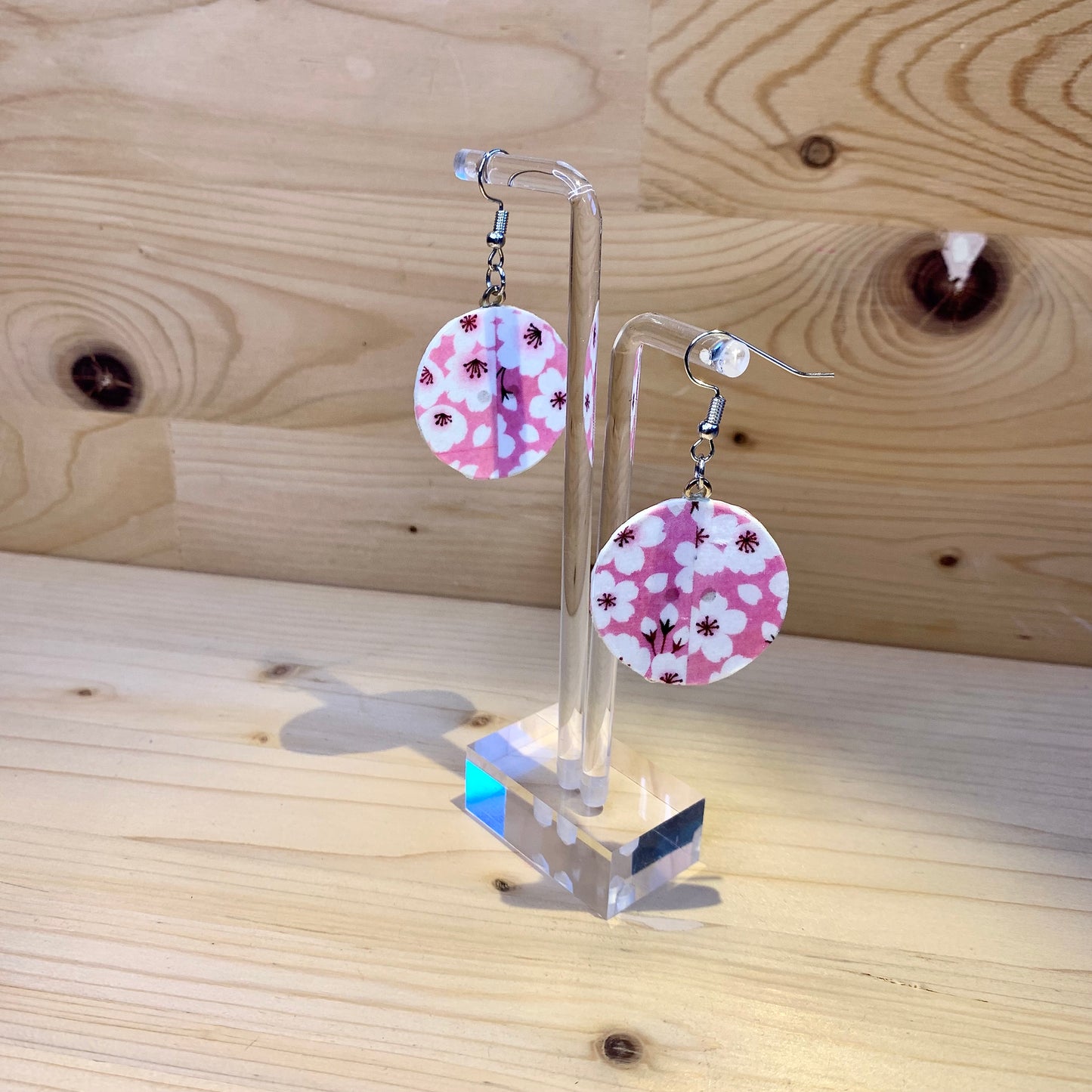 Wood Based Earrings - Pink Cherry Blossom Washi Tape on Button