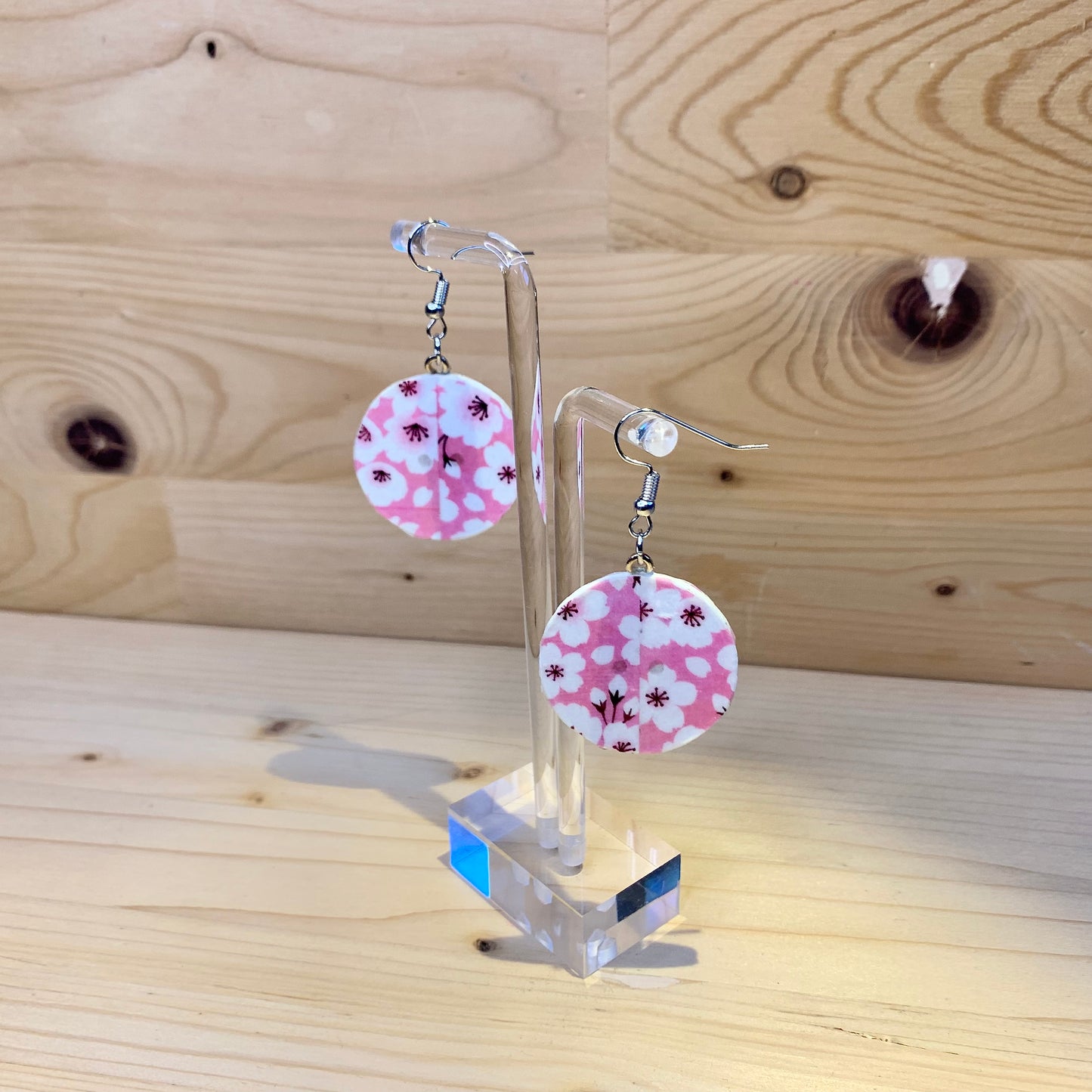 Wood Based Earrings - Pink Cherry Blossom Washi Tape on Button