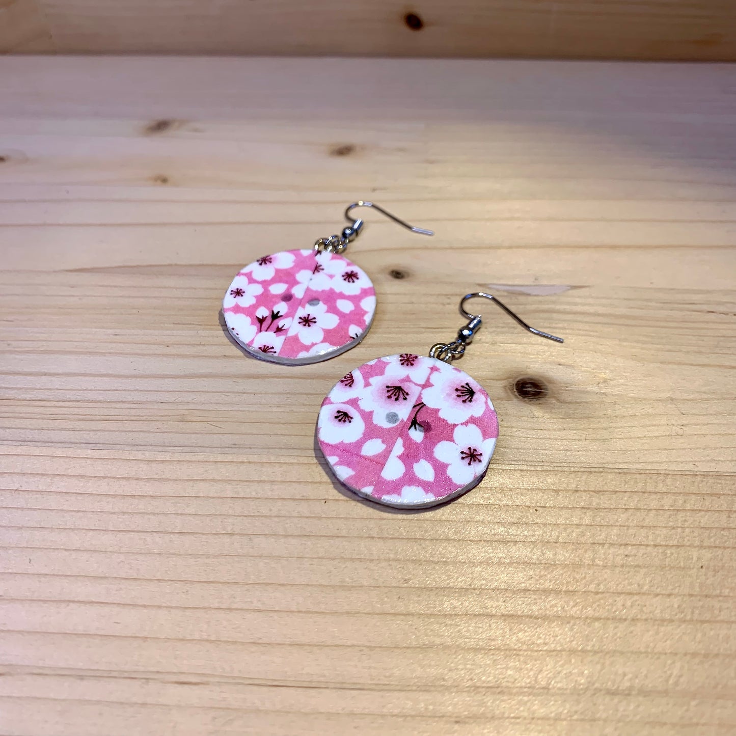 Wood Based Earrings - Pink Cherry Blossom Washi Tape on Button