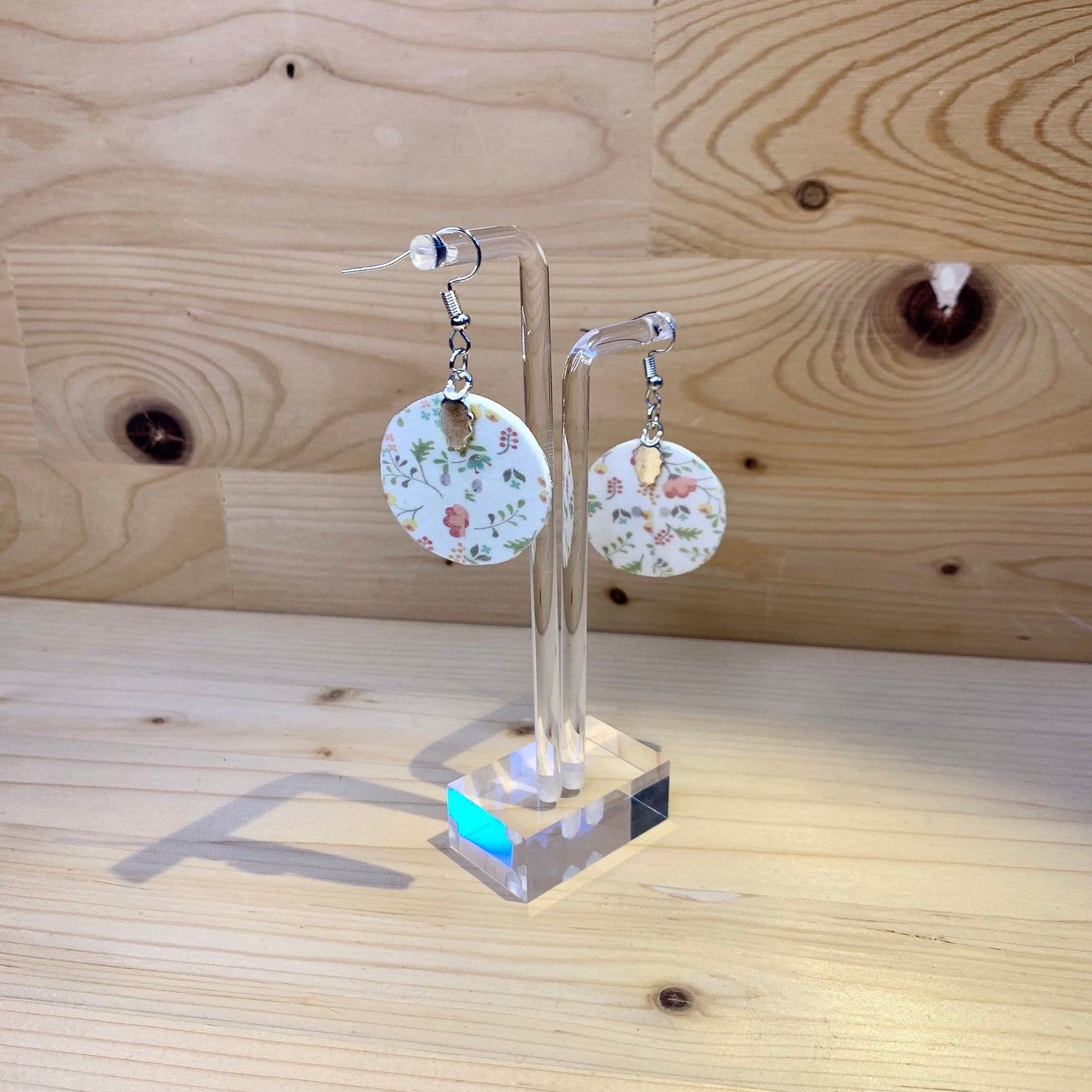 Wood Based Earrings - Floral Washi Tape on Button