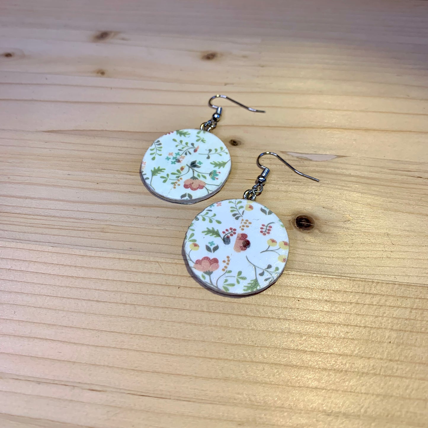 Wood Based Earrings - Floral Washi Tape on Button