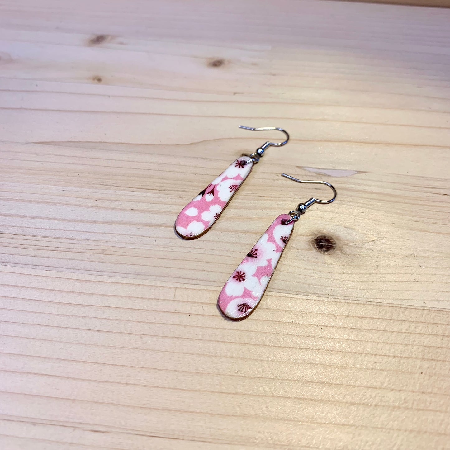 Wood Based Earrings - Pink Cherry Blossom Washi Tape