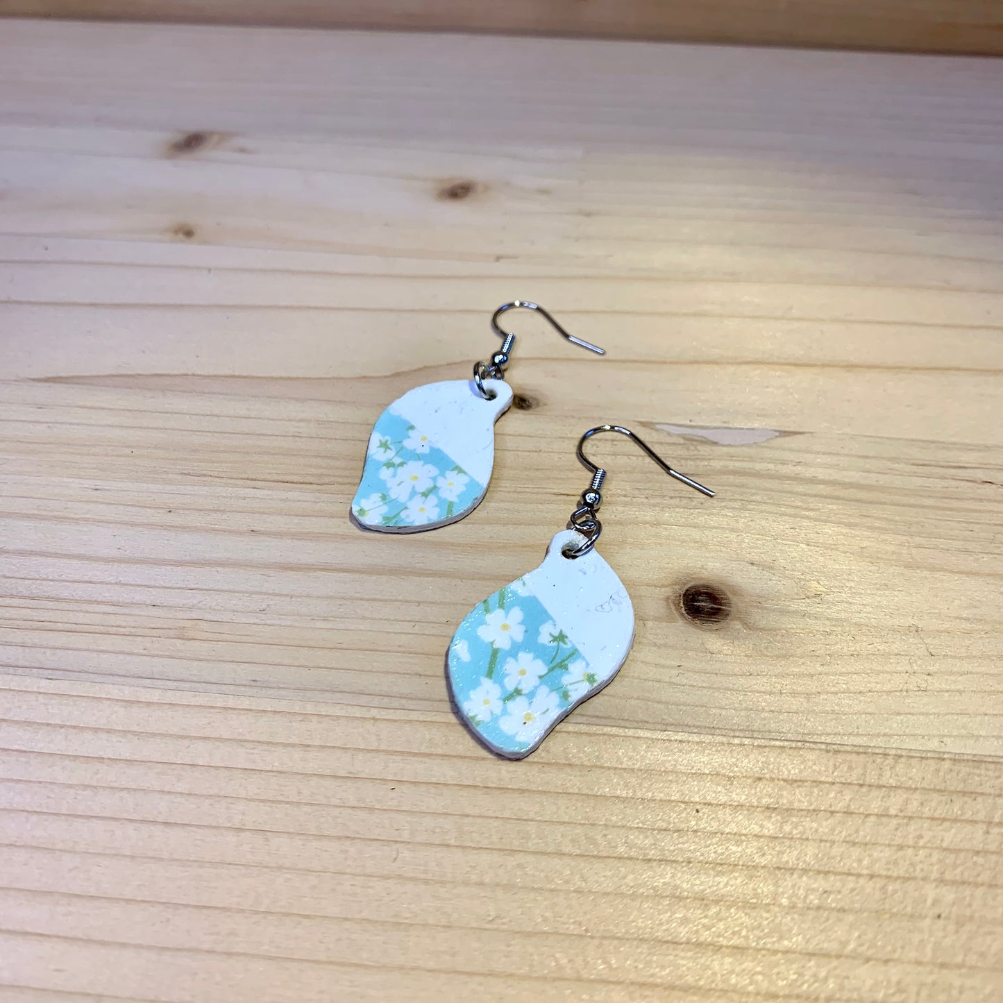 Wood Based Earrings - White Flowers Washi Tape