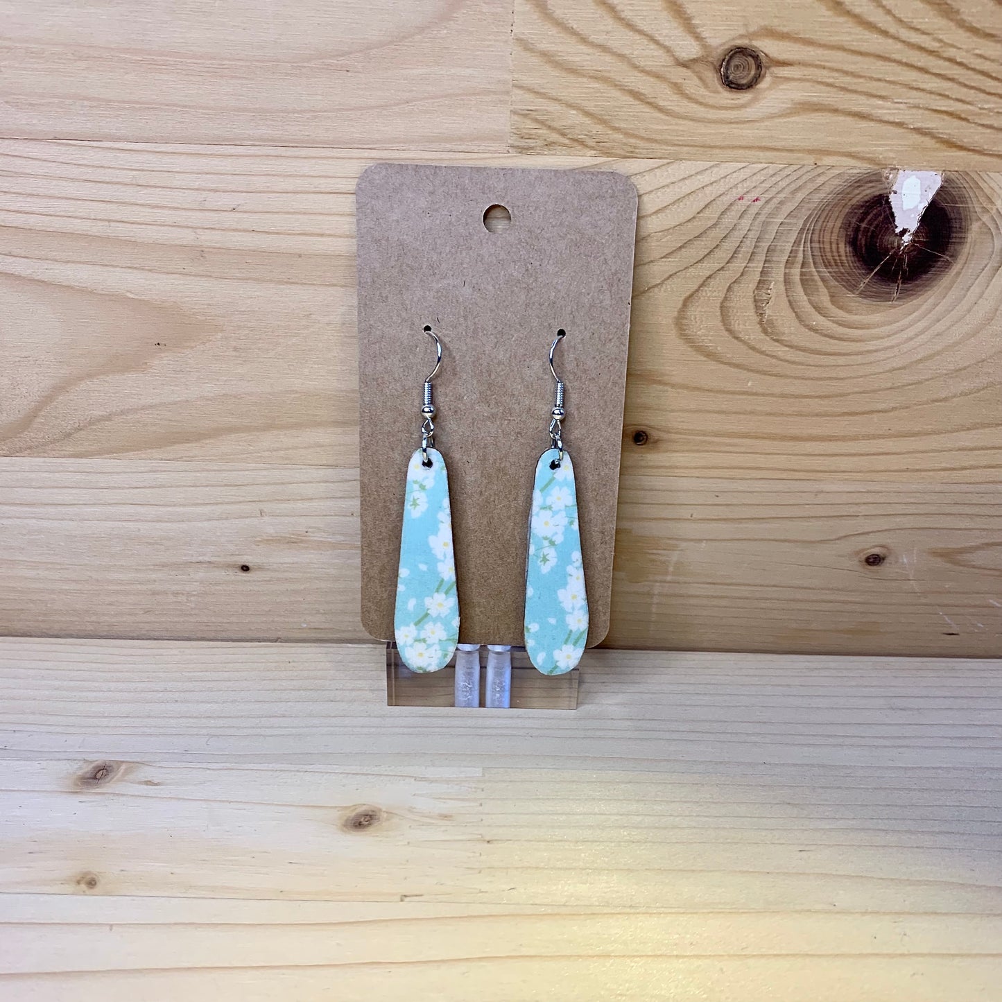 Wood Based Earrings - White Flowers on Blue Washi Tape