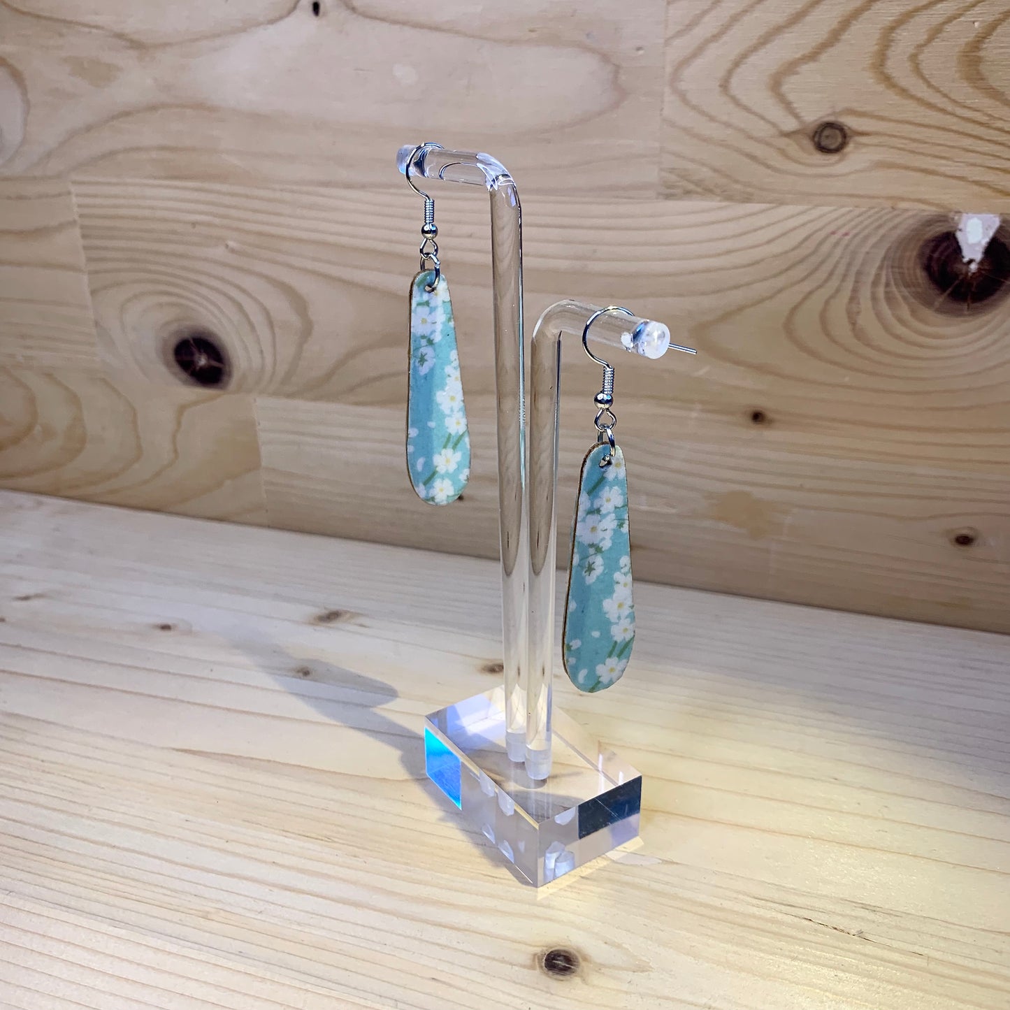 Wood Based Earrings - White Flowers on Blue Washi Tape