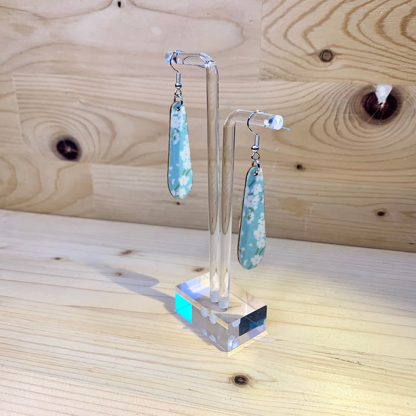 Wood Based Earrings - White Flowers on Blue Washi Tape