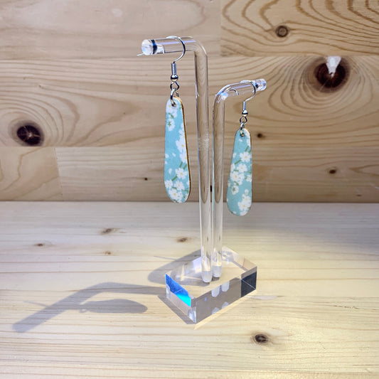 Wood Based Earrings - White Flowers on Blue Washi Tape