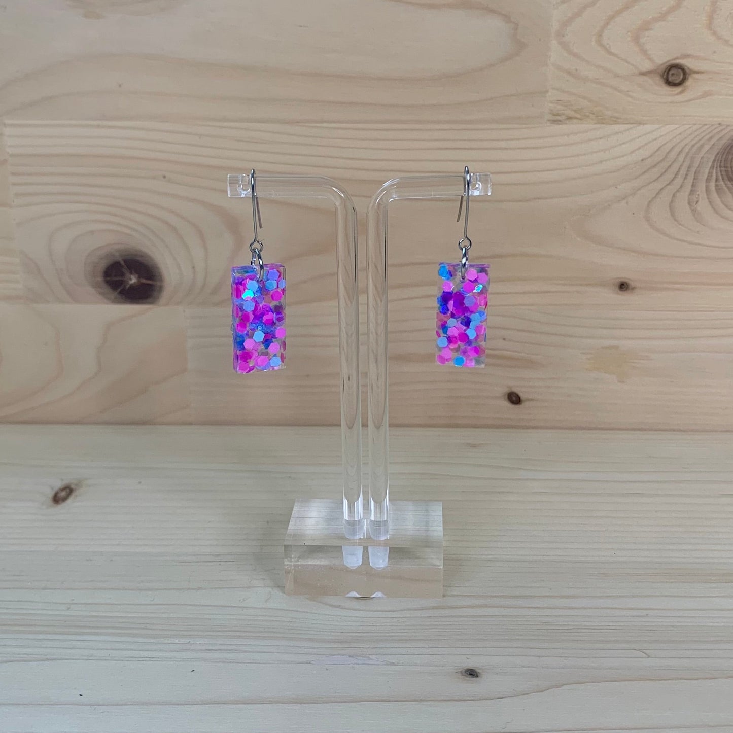 Pink and Blue Glitter Rectangle Earrings