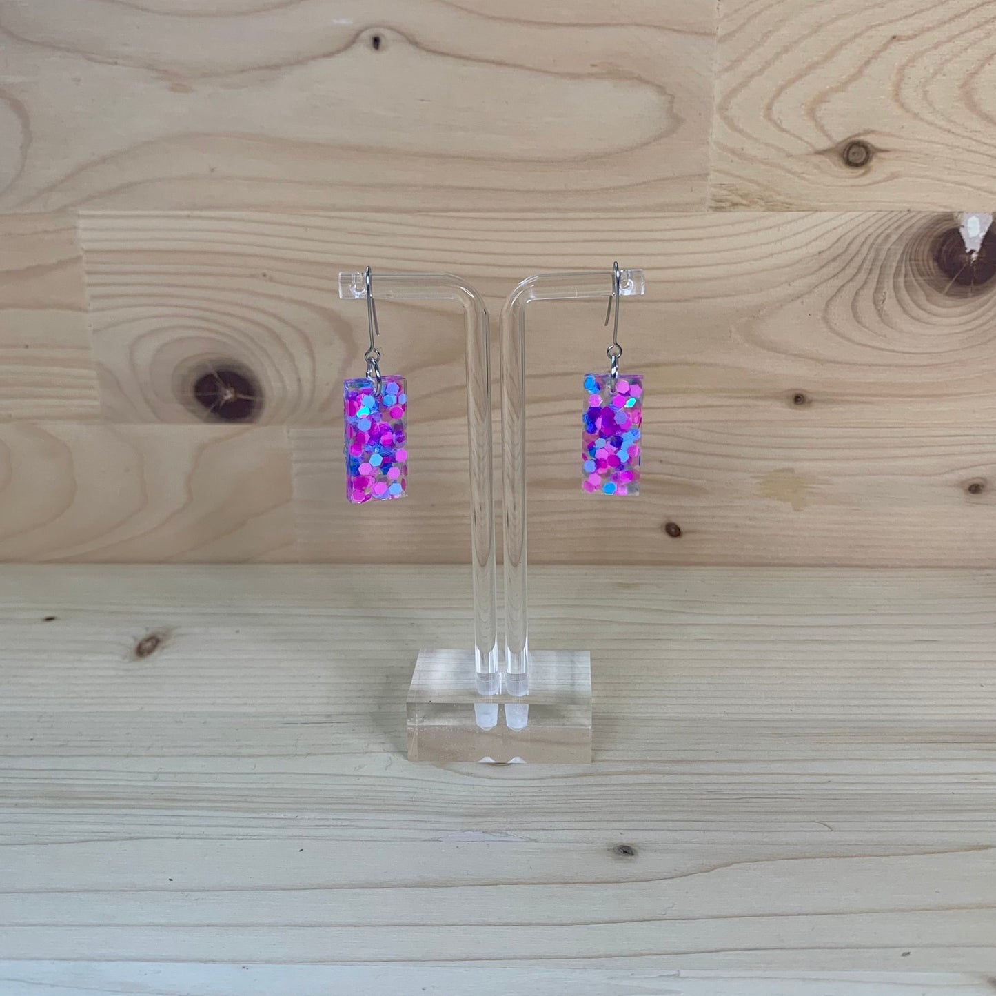 Pink and Blue Glitter Rectangle Earrings