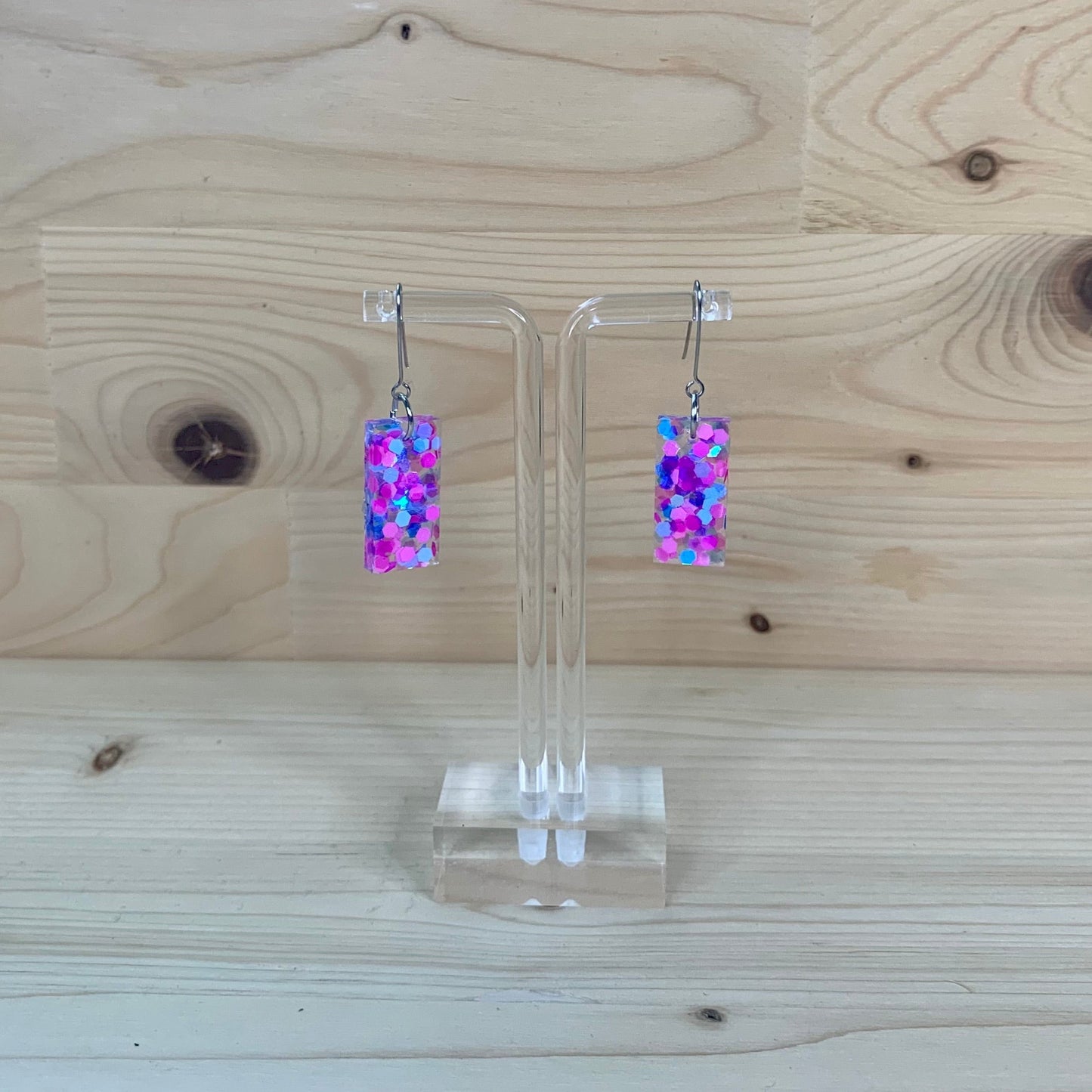 Pink and Blue Glitter Rectangle Earrings