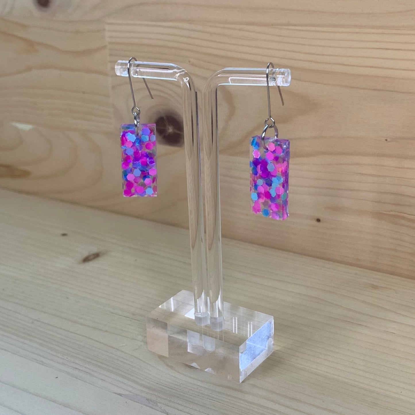 Pink and Blue Glitter Rectangle Earrings