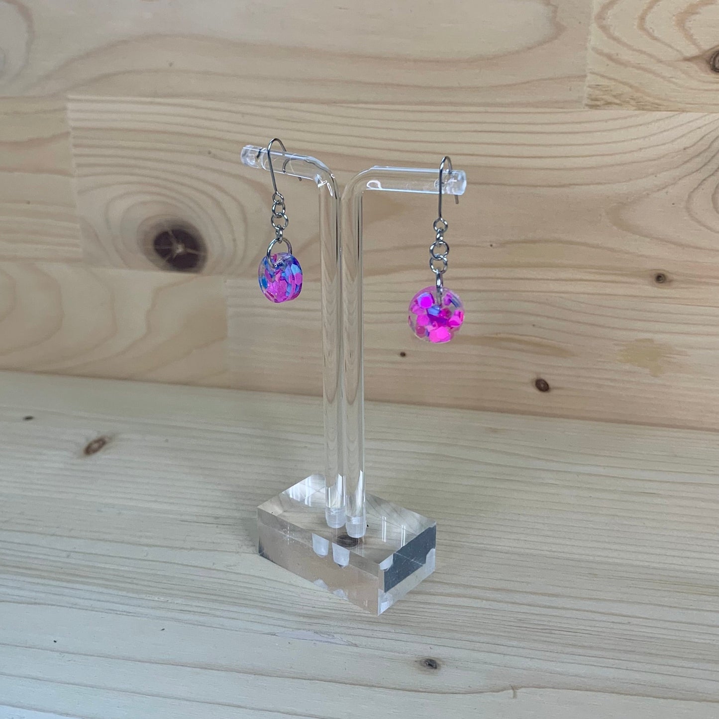 Blue and Pink Glitter Round Earrings