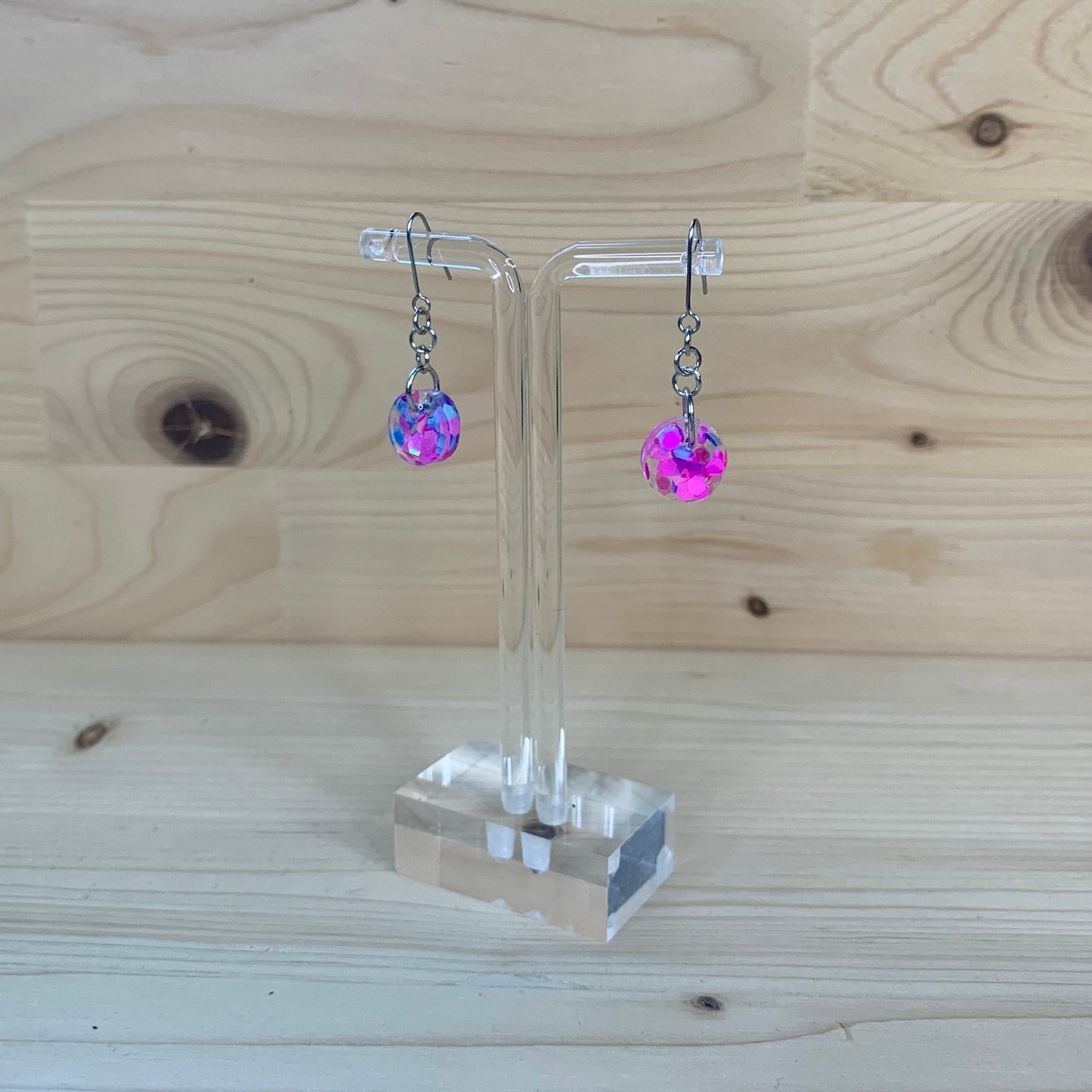 Blue and Pink Glitter Round Earrings