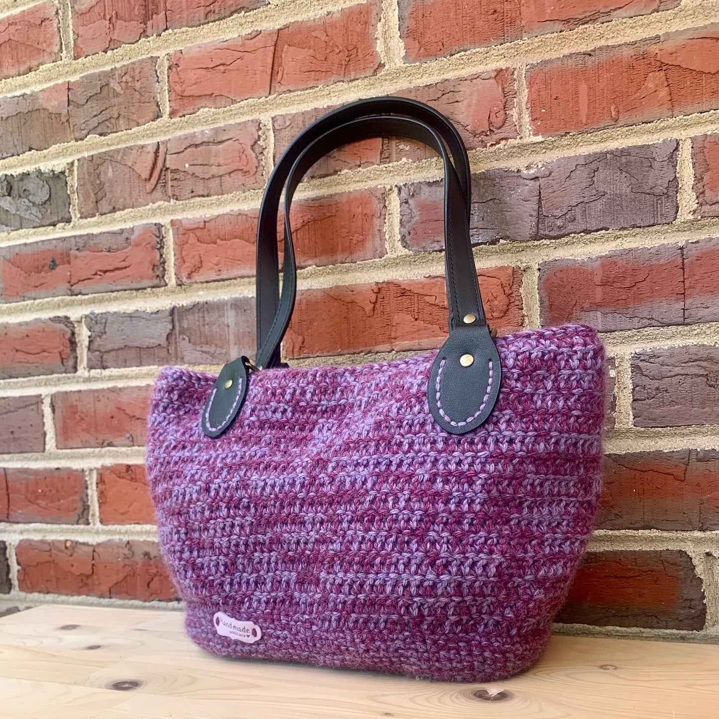 Purple Crochet Bag with Black Handles