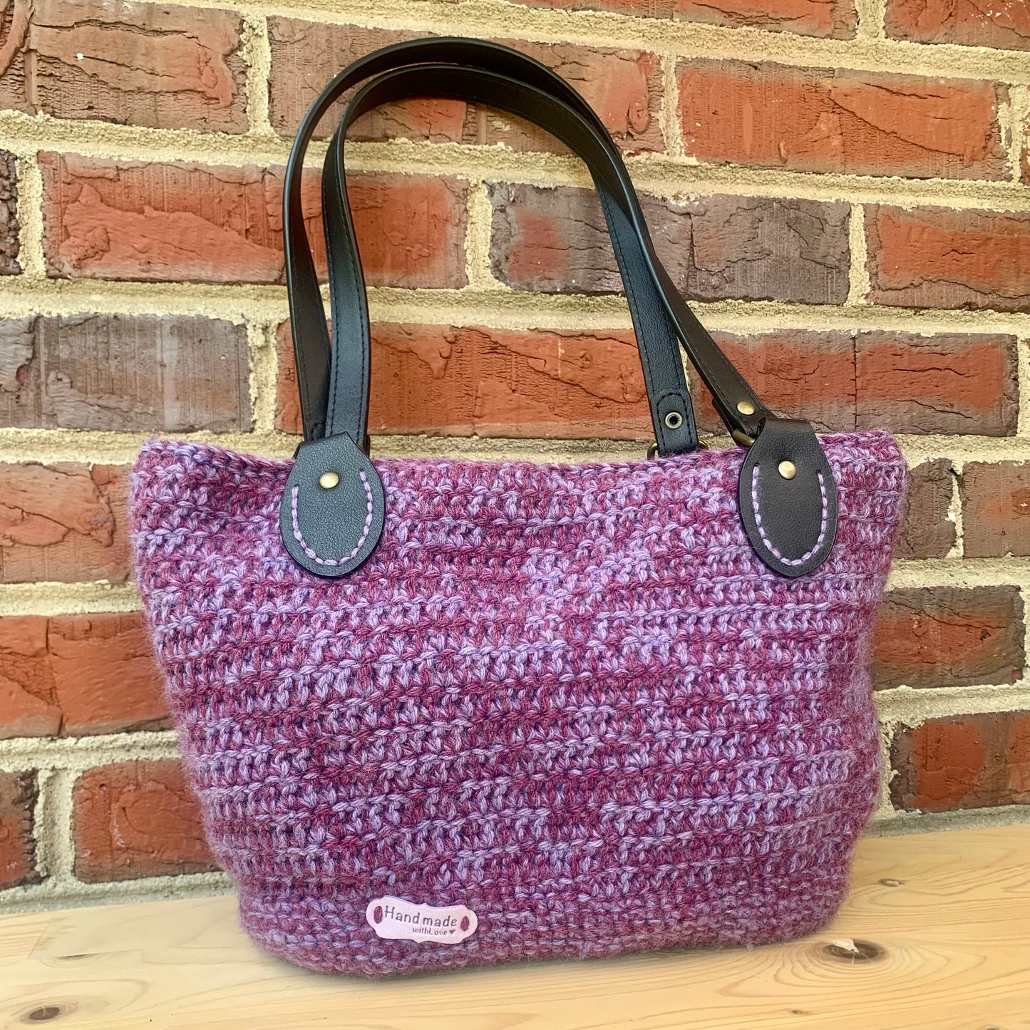 Purple Crochet Bag with Black Handles