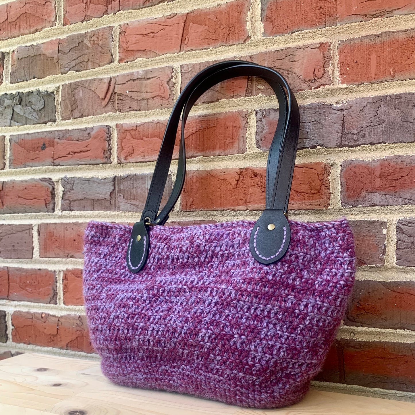 Purple Crochet Bag with Black Handles