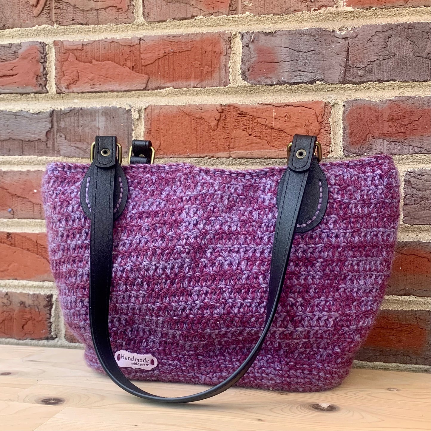 Purple Crochet Bag with Black Handles