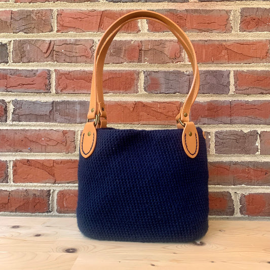 Navy Blue Crochet Bag with Tan Handles