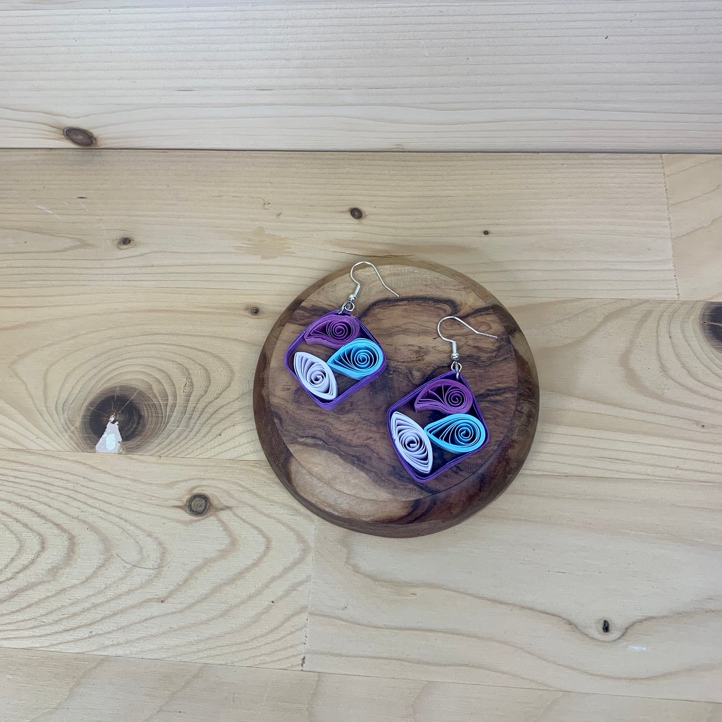 Purple Quilled Paper Square with Shapes Inside Earrings