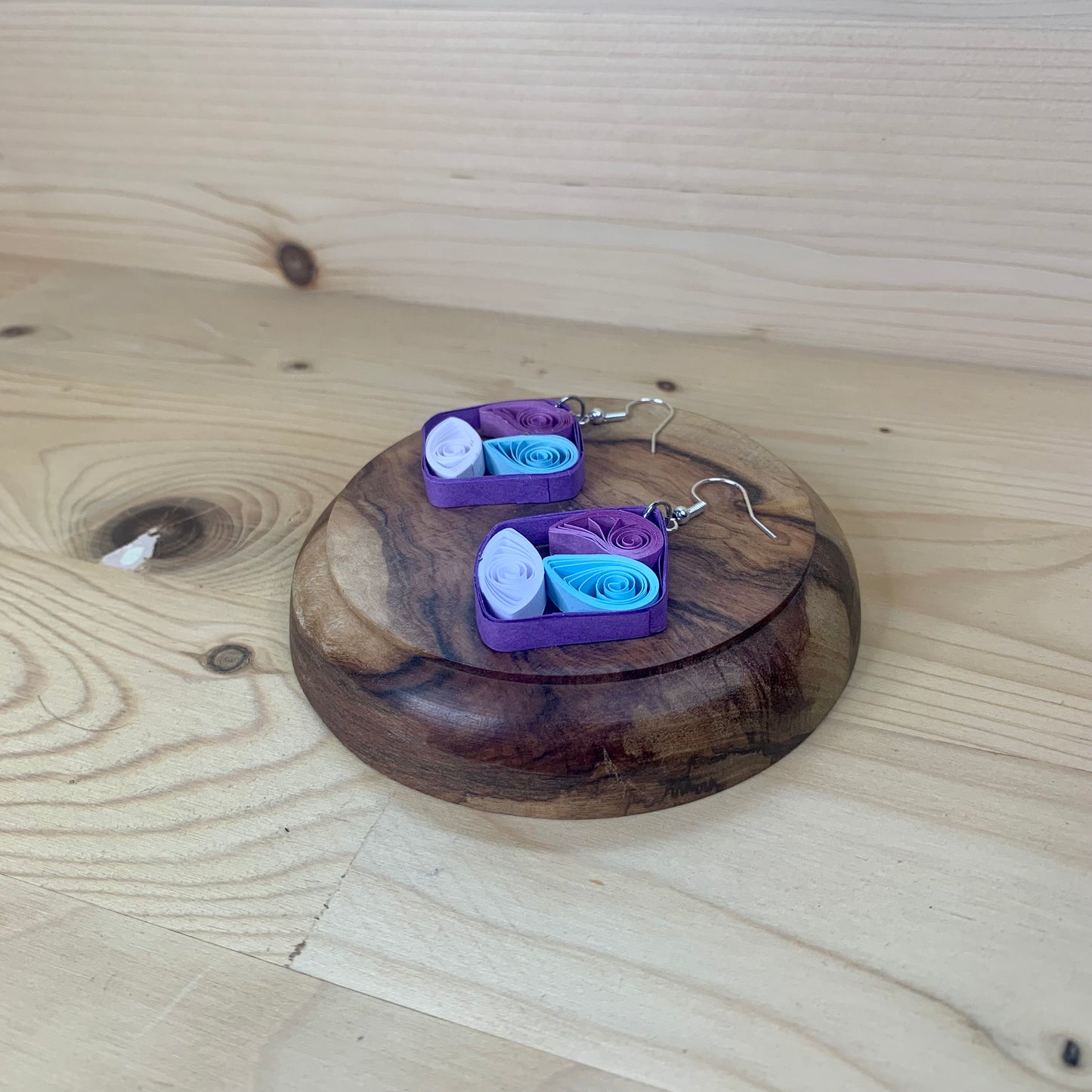 Purple Quilled Paper Square with Shapes Inside Earrings