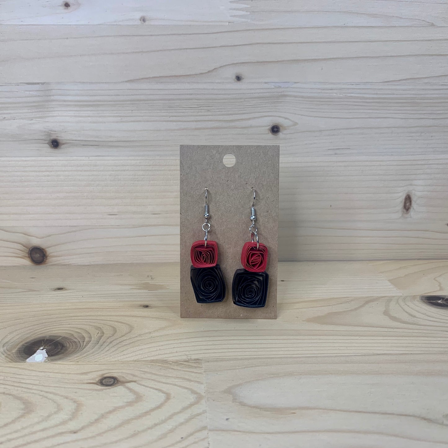 Red and Black Quilled Paper Square Earrings