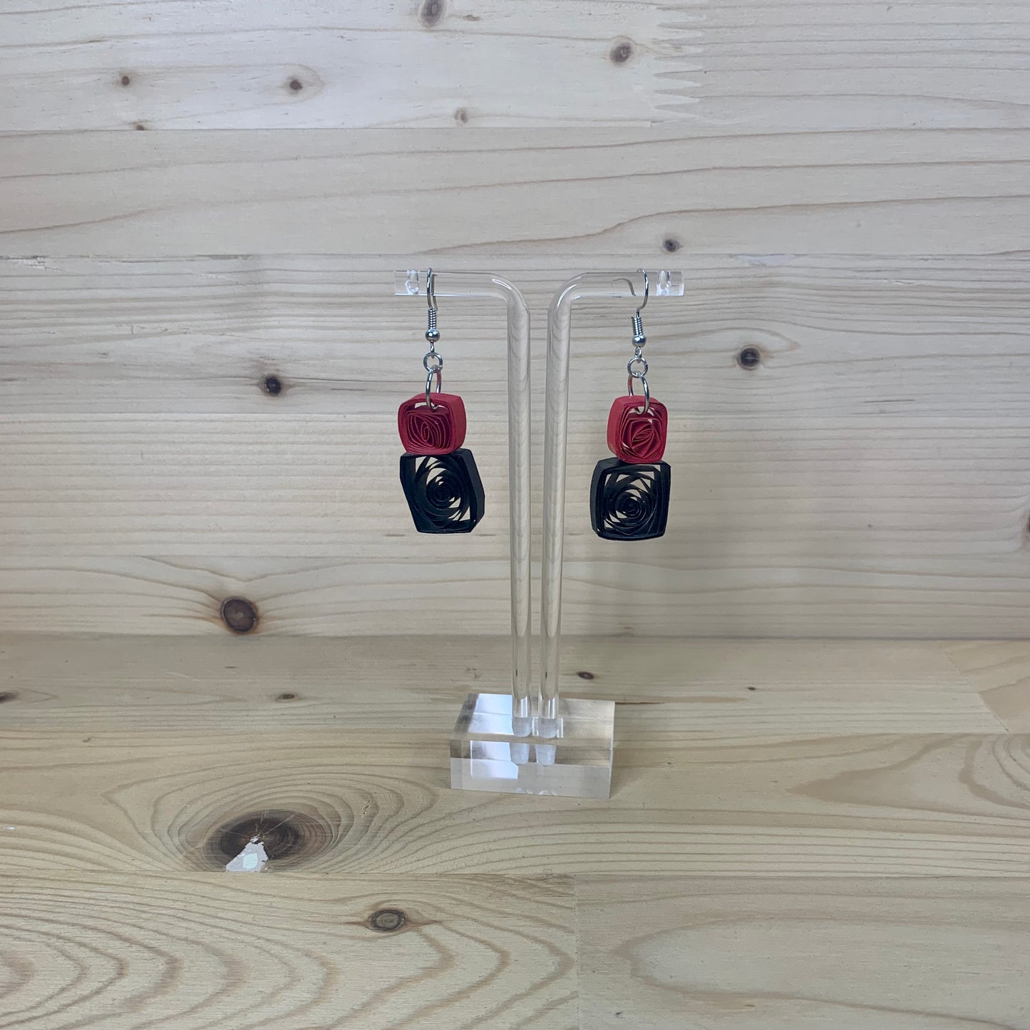 Red and Black Quilled Paper Square Earrings