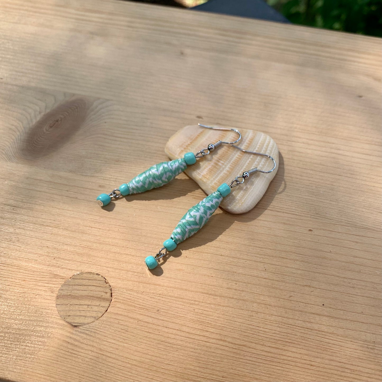 Paper Bead Earrings - Sea Green Chevron